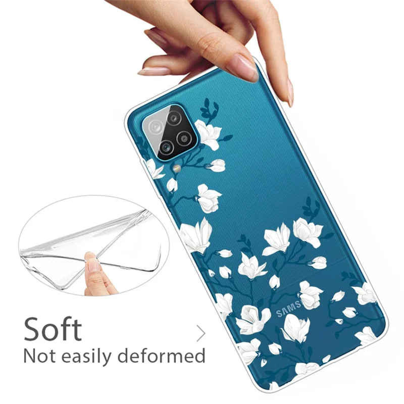 غطاء واقي لهاتف TPU مطبوع عليه نمط لهاتف Samsung Galaxy A12 - زهرة بيضاء