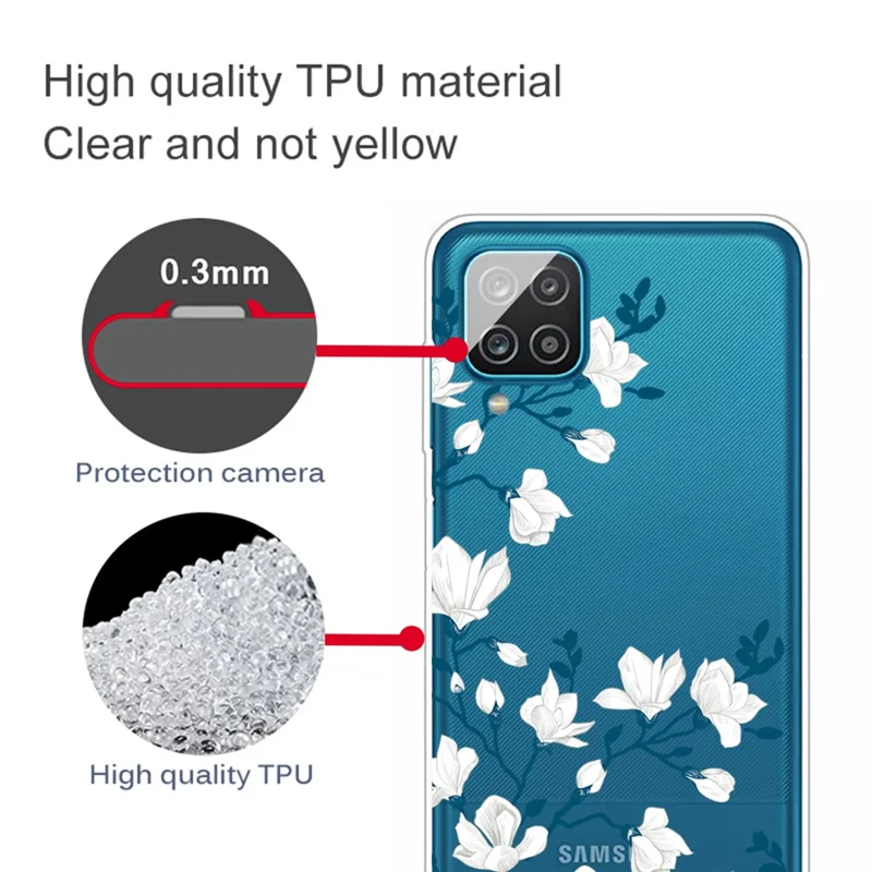 غطاء واقي لهاتف TPU مطبوع عليه نمط لهاتف Samsung Galaxy A12 - زهرة بيضاء