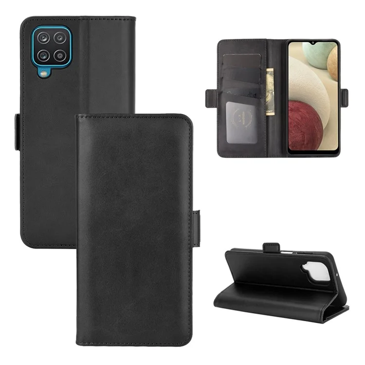 Double Clasp Flip Magnet Leather Cover for Samsung Galaxy A12 Wallet Stand Design Phone Cover - Black