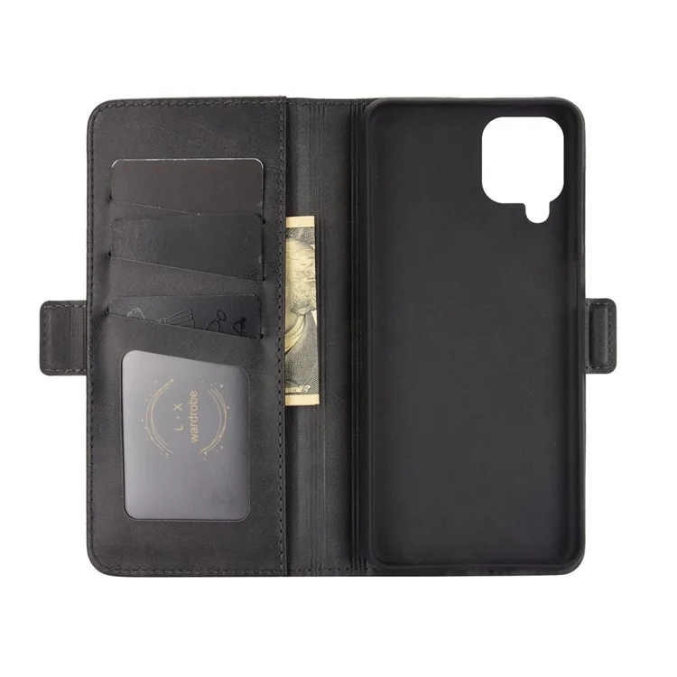 Cubierta de Cuero Imán de Chinete de Doble Cierre Para Samsung Galaxy A12 Wallet Stand Design Cover Telephip - Negro