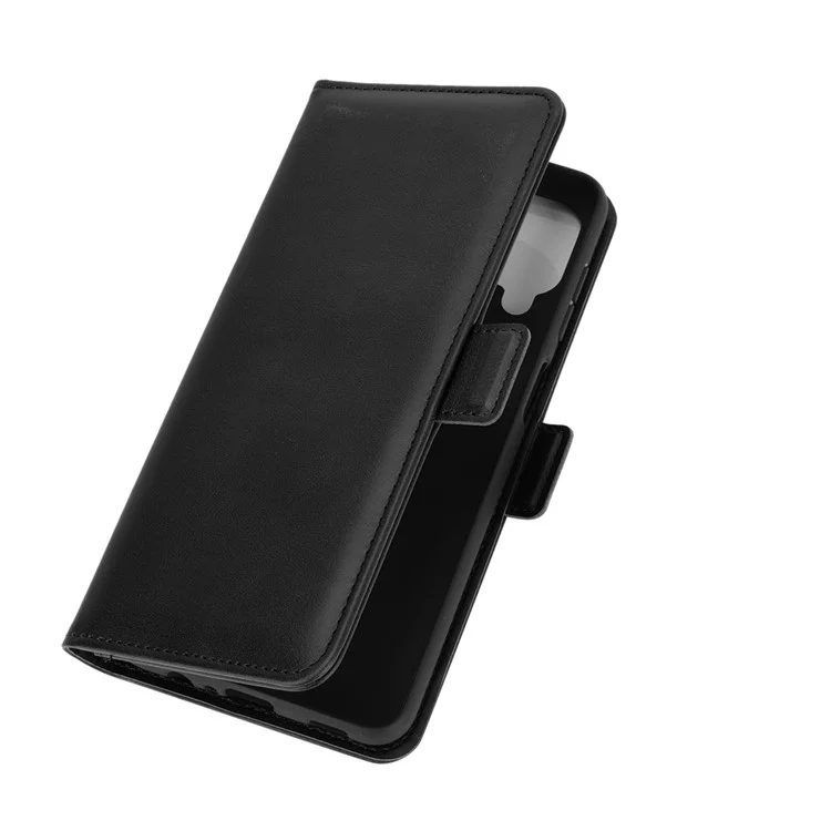 Double Clasp Flip Magnet Leather Cover for Samsung Galaxy A12 Wallet Stand Design Phone Cover - Black