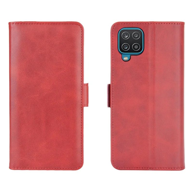 Double Clasp Flip Magnet Leather Cover for Samsung Galaxy A12 Wallet Stand Design Phone Cover - Red