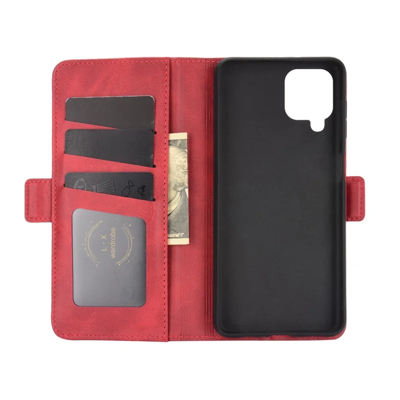 Double Clasp Flip Magnet Leather Cover for Samsung Galaxy A12 Wallet Stand Design Phone Cover - Red