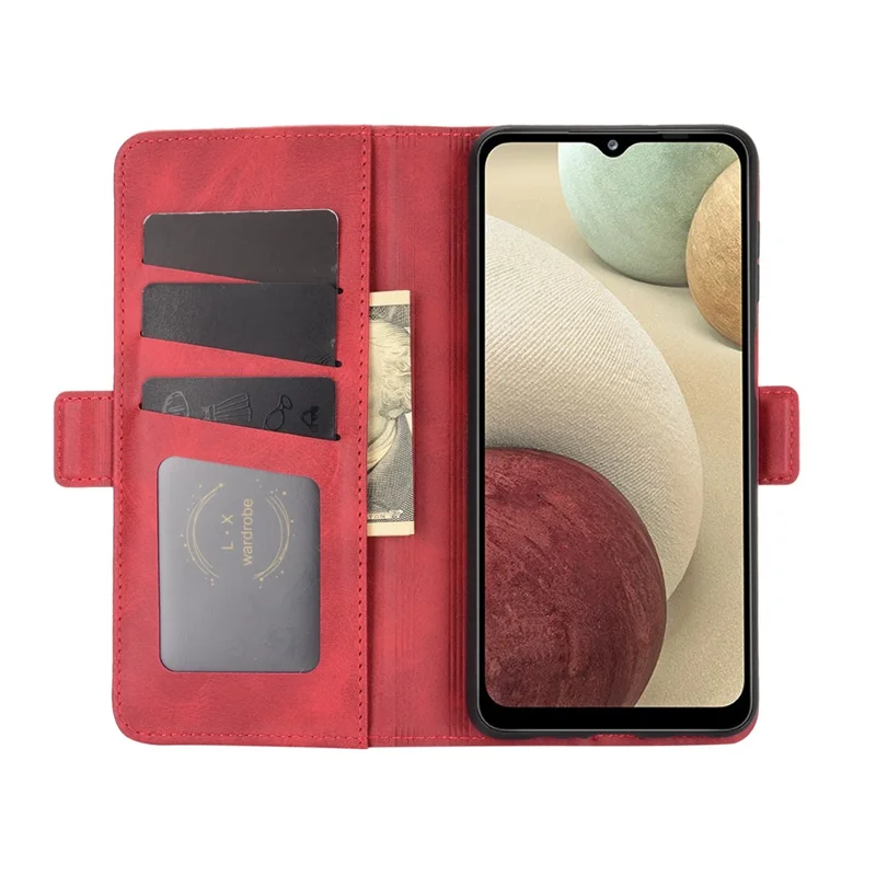 Double Clasp Flip Magnet Leather Cover for Samsung Galaxy A12 Wallet Stand Design Phone Cover - Red