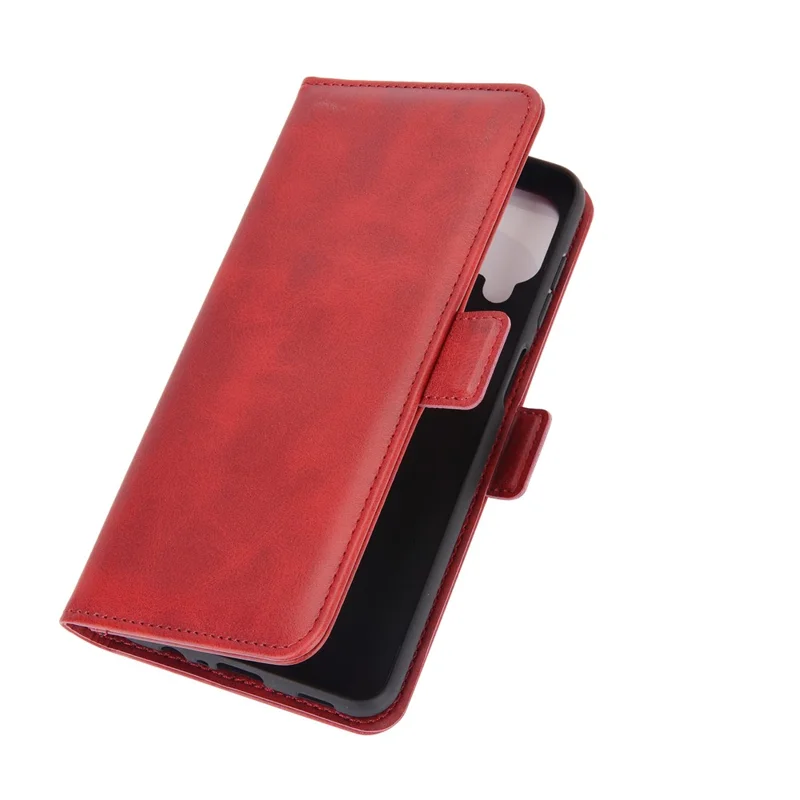 Double Clasp Flip Magnet Leather Cover for Samsung Galaxy A12 Wallet Stand Design Phone Cover - Red
