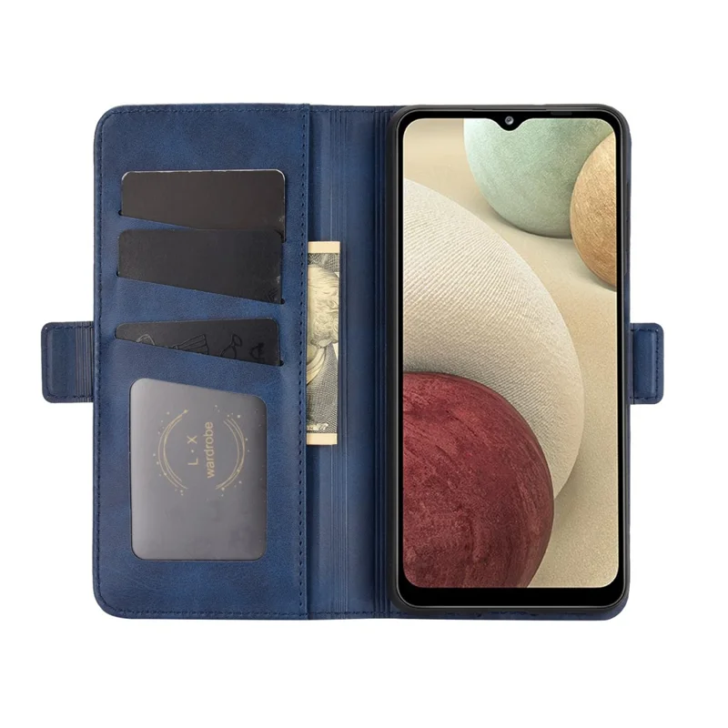 Double Clasp Flip Magnet Leather Cover for Samsung Galaxy A12 Wallet Stand Design Phone Cover - Blue