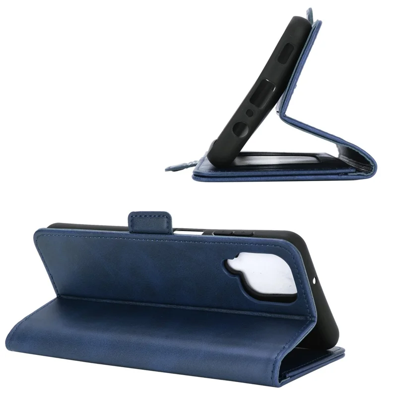 Double Clasp Flip Magnet Leather Cover for Samsung Galaxy A12 Wallet Stand Design Phone Cover - Blue