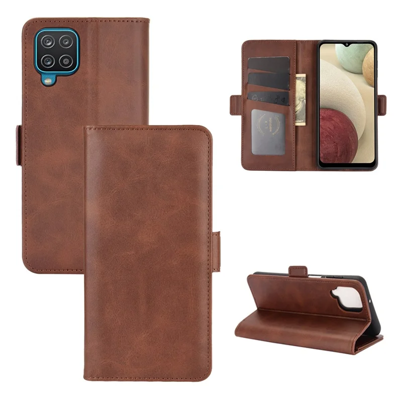 Double Clasp Flip Magnet Leather Cover for Samsung Galaxy A12 Wallet Stand Design Phone Cover - Brown