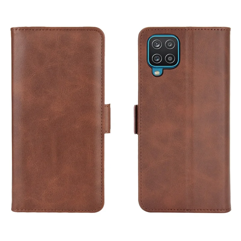 Double Clasp Flip Magnet Leather Cover for Samsung Galaxy A12 Wallet Stand Design Phone Cover - Brown