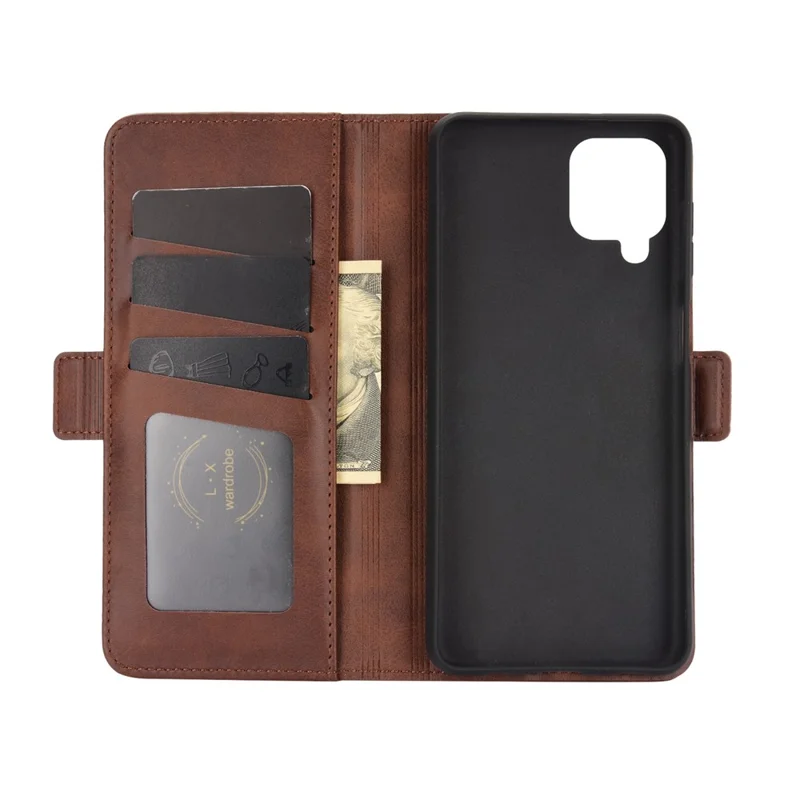 Double Clasp Flip Magnet Leather Cover for Samsung Galaxy A12 Wallet Stand Design Phone Cover - Brown