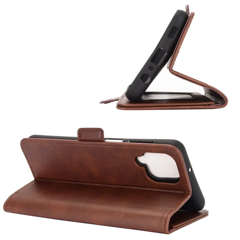 Double Clasp Flip Magnet Leather Cover for Samsung Galaxy A12 Wallet Stand Design Phone Cover - Brown