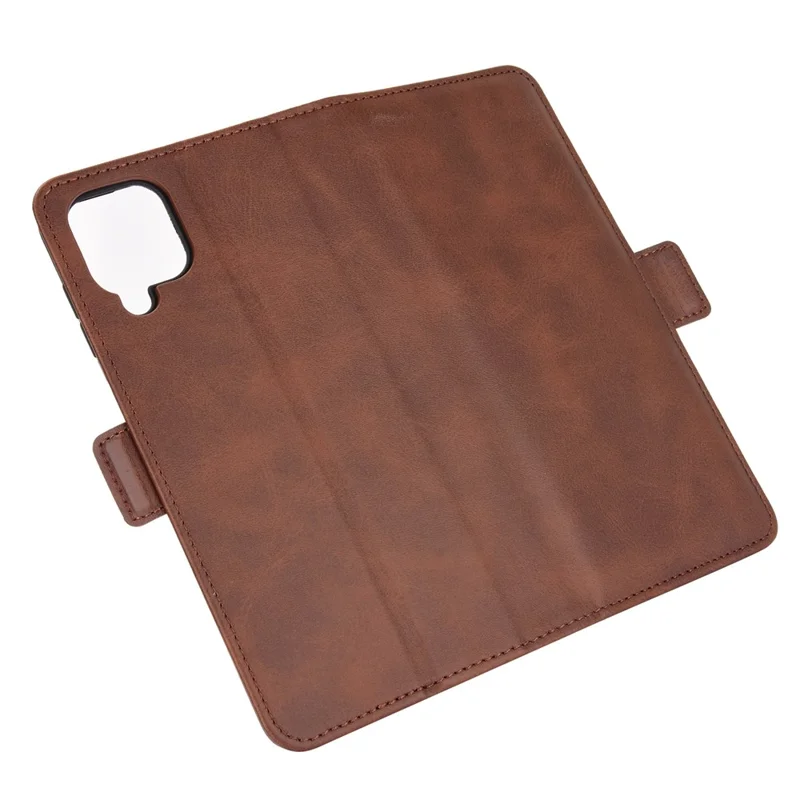 Double Clasp Flip Magnet Leather Cover for Samsung Galaxy A12 Wallet Stand Design Phone Cover - Brown