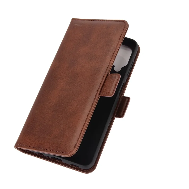 Double Clasp Flip Magnet Leather Cover for Samsung Galaxy A12 Wallet Stand Design Phone Cover - Brown