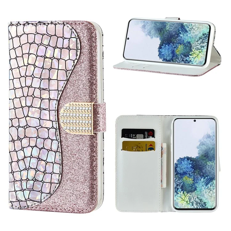 Crocodile Skin Glittery Powder Splicing Style for Samsung Galaxy S21 4G/5G Leather Wallet Case - Rose Gold