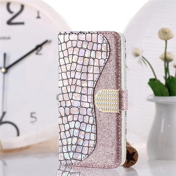 Crocodile Skin Glittery Powder Splicing Style Pour Samsung Galaxy S21 4g / 5g Portefeuille en Cuir - or Rose