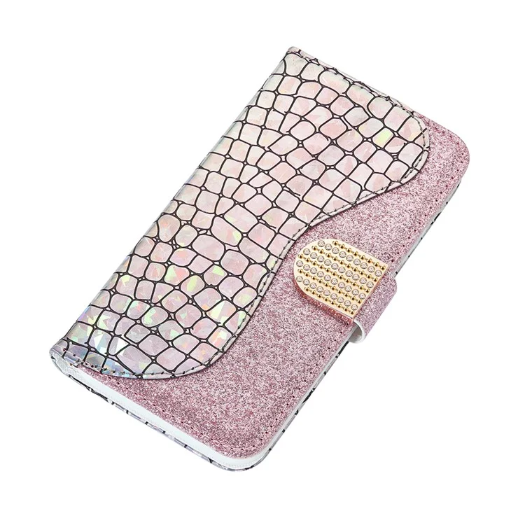 Crocodile Skin Glittery Powder Splicing Style Pour Samsung Galaxy S21 4g / 5g Portefeuille en Cuir - or Rose