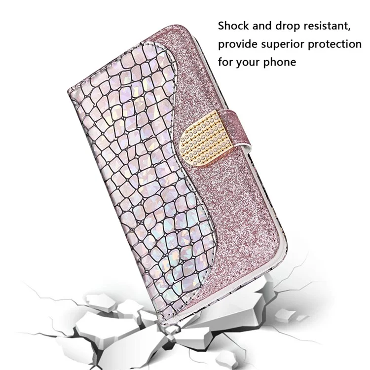 Crocodile Skin Glittery Powder Splicing Style Pour Samsung Galaxy S21 4g / 5g Portefeuille en Cuir - or Rose