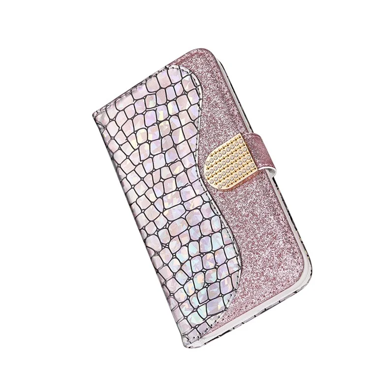 Personalized Crocodile Skin Glittery Powder Splicing for Samsung Galaxy S21+ Leather Wallet Case - Rose Gold
