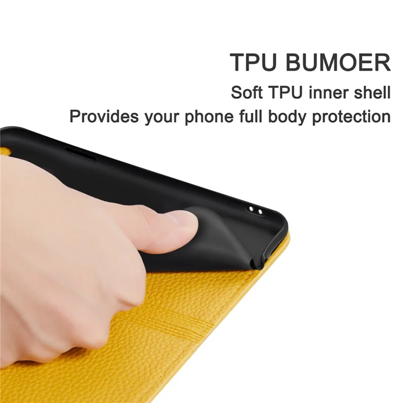 غطاء جلد ليتشي ممتص تلقائيًا مع فتحات بطاقات لهاتف Samsung Galaxy S21+ 5G - أصفر