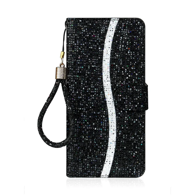 Glittery Powder Splicing Wallet Stand Leather Phone Cover for Samsung Galaxy S21 4G/5G - Black