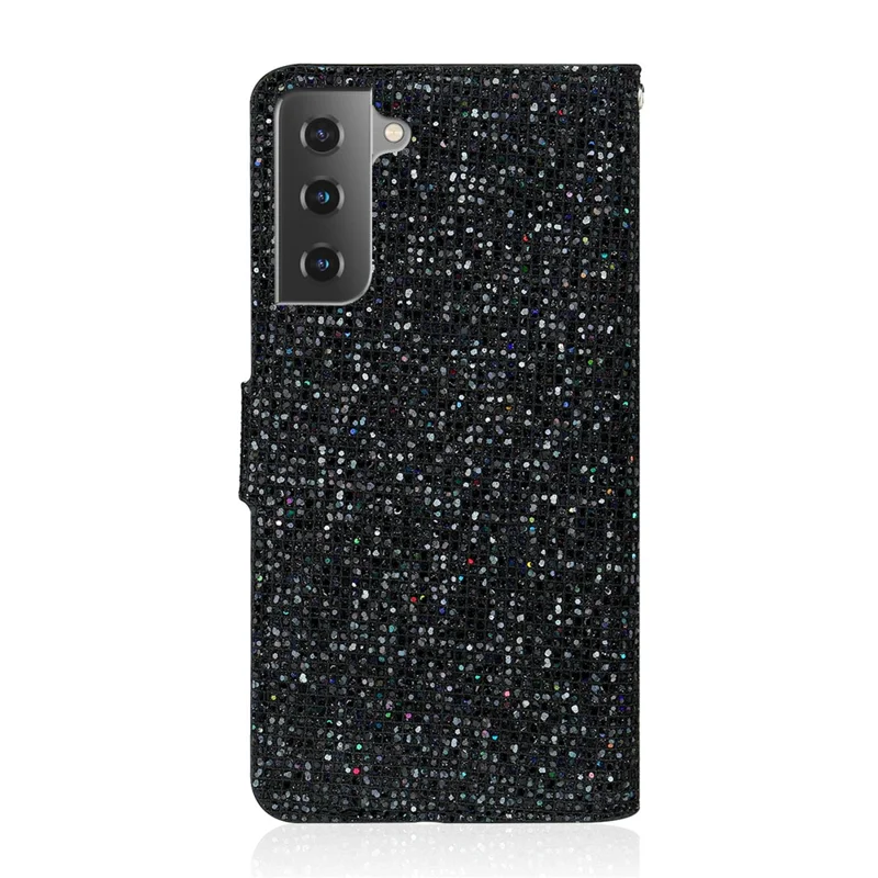 Glittery Powder Splicing Wallet Stand Leather Phone Cover for Samsung Galaxy S21 4G/5G - Black