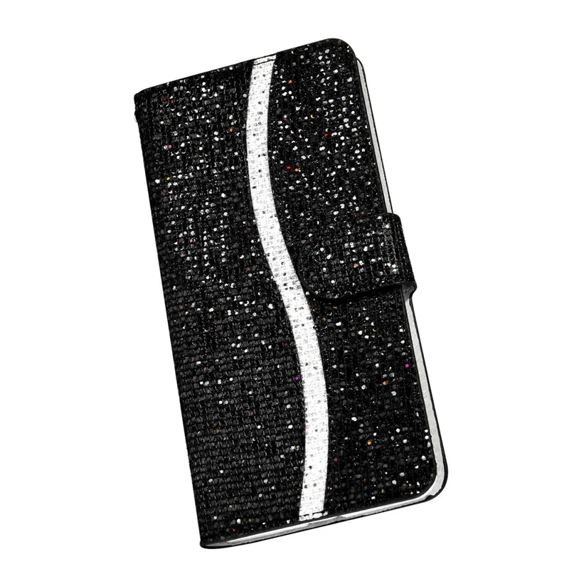 Glittery Powder Splicing Wallet Stand Leather Phone Cover for Samsung Galaxy S21 4G/5G - Black