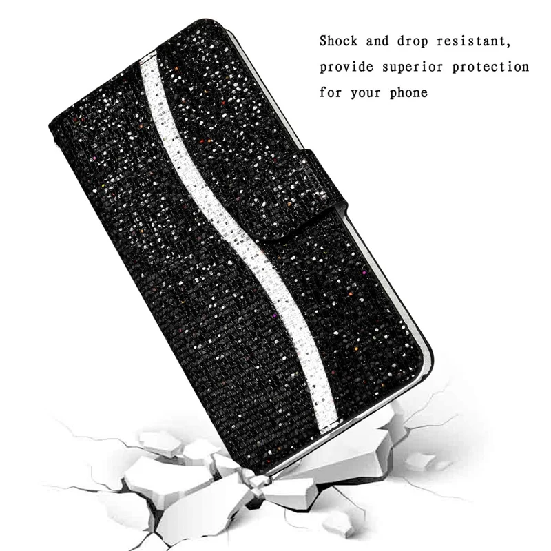 Glittery Powder Splicing Wallet Stand Leather Phone Cover for Samsung Galaxy S21 4G/5G - Black