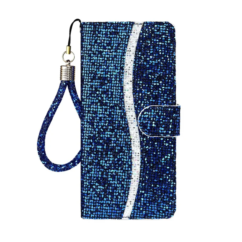 Glittery Powder Splicing Wallet Stand Leather Phone Cover for Samsung Galaxy S21 Ultra 5G - Blue