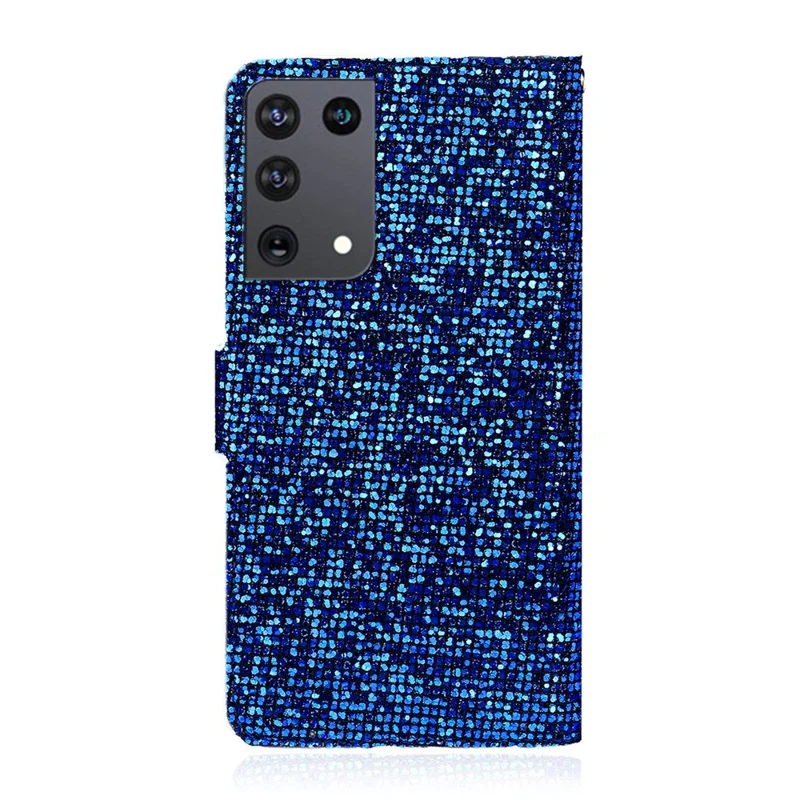Glittery Powder Splicing Wallet Stand Leather Phone Cover for Samsung Galaxy S21 Ultra 5G - Blue