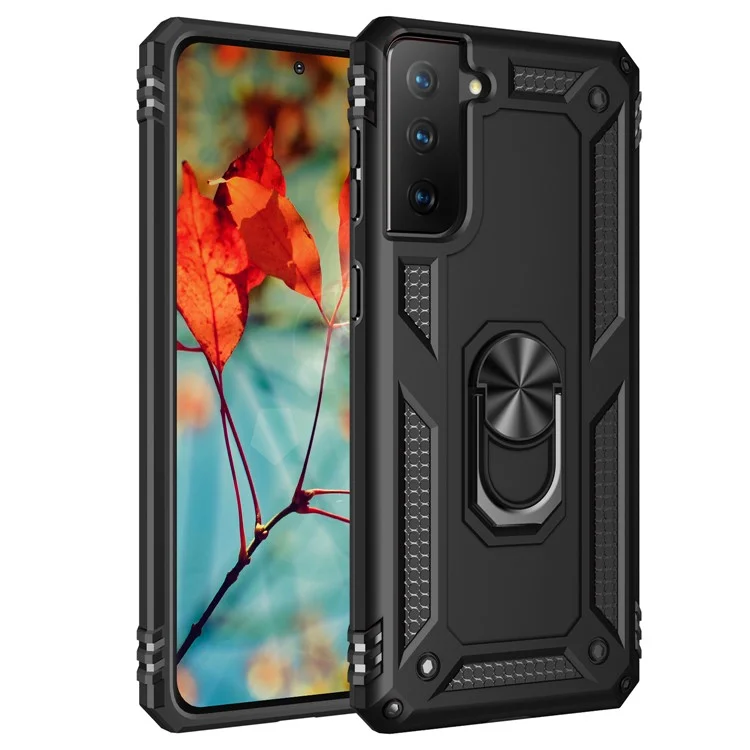 Hybrid PC + TPU Anti-drop Phone Shell mit Ring-Ständer für Samsung Galaxy S21 4G/5G - Schwarz