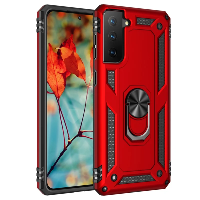 Hybrid PC + TPU Anti-drop Phone Case with Ring Kickstand for Samsung Galaxy S21+ 5G - Red