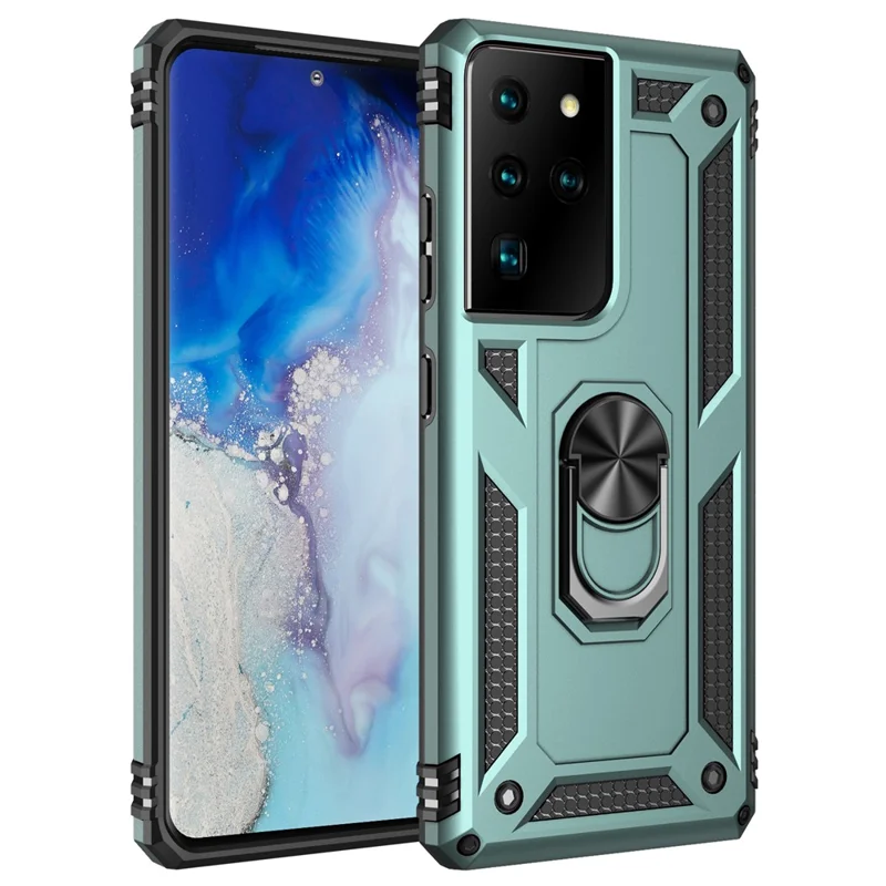 Hybrid PC + TPU Anti-drop Phone Shell with Ring Kickstand for Samsung Galaxy S21 Ultra 5G - Dark Green