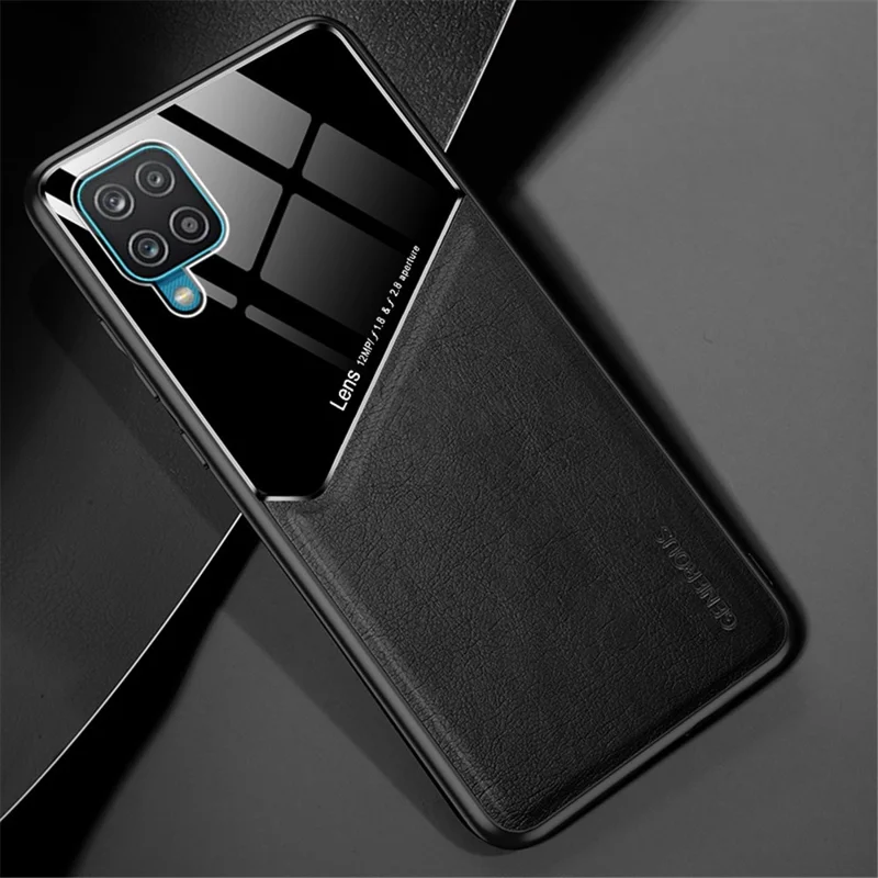Leather Coated PC + TPU + Glass Splicing Design Case for Samsung Galaxy A12 - Black
