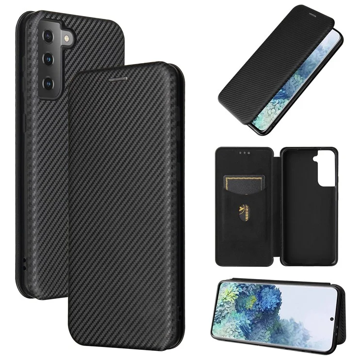 For Samsung Galaxy S21+ Leather Shell Carbon Fiber Auto-absorbed Card Holder Case - Black