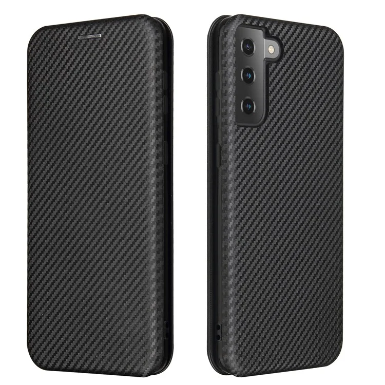 For Samsung Galaxy S21+ Leather Shell Carbon Fiber Auto-absorbed Card Holder Case - Black