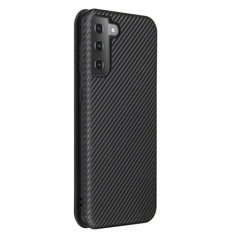 For Samsung Galaxy S21+ Leather Shell Carbon Fiber Auto-absorbed Card Holder Case - Black