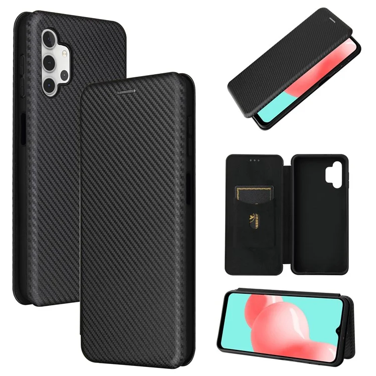 Carbon Fiber Leather Auto-absorbed Case with Card Holder for Samsung Galaxy A32 5G / M32 5G - Black