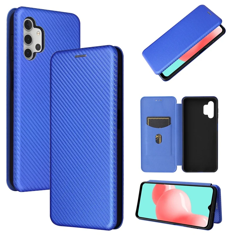 Carbon Fiber Leather Auto-absorbed Case with Card Holder for Samsung Galaxy A32 5G / M32 5G - Blue