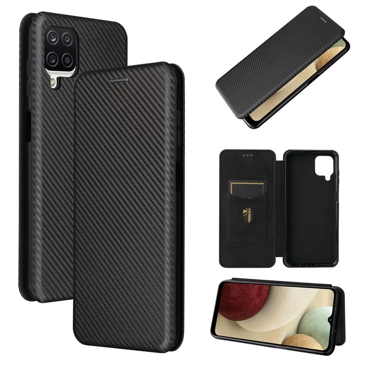 Funda de cuero de fibra de carbono autosorbente con soporte para tarjetas y correa anular para Samsung Galaxy A12/M12 - Negro