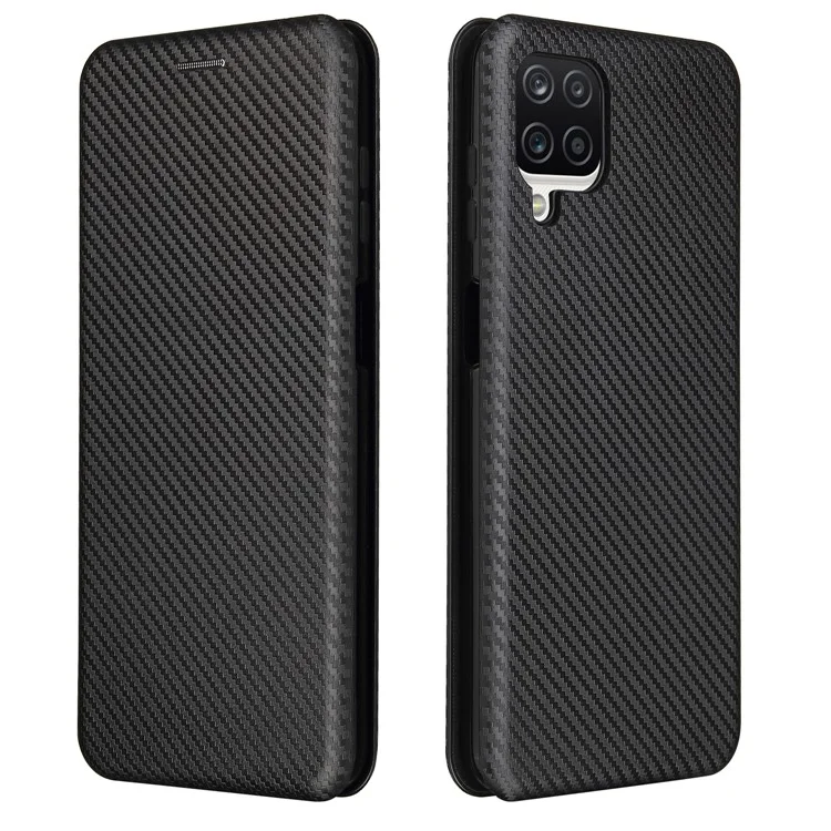 Funda de cuero de fibra de carbono autosorbente con soporte para tarjetas y correa anular para Samsung Galaxy A12/M12 - Negro