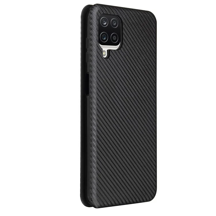 Funda de cuero de fibra de carbono autosorbente con soporte para tarjetas y correa anular para Samsung Galaxy A12/M12 - Negro
