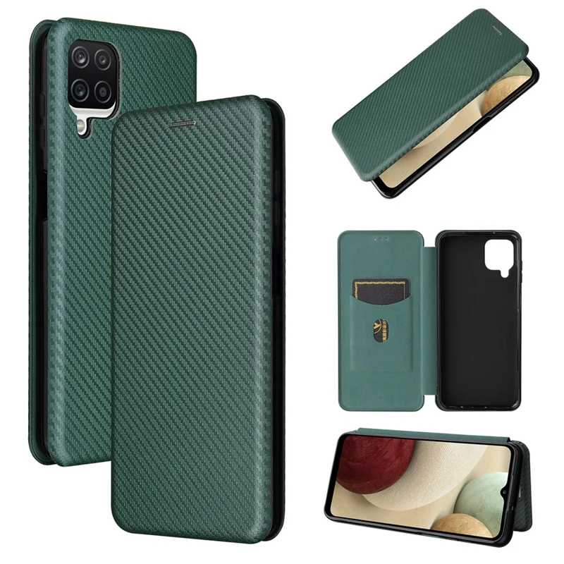 Auto-absorbed Carbon Fiber Leather Case with Card Holder and Ring Strap for Samsung Galaxy A12/M12 - Green