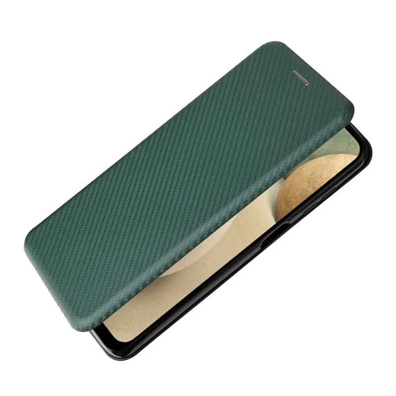 Auto-absorbed Carbon Fiber Leather Case with Card Holder and Ring Strap for Samsung Galaxy A12/M12 - Green