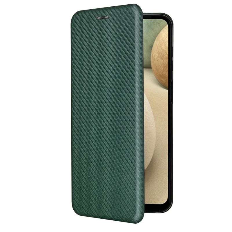 Auto-absorbed Carbon Fiber Leather Case with Card Holder and Ring Strap for Samsung Galaxy A12/M12 - Green
