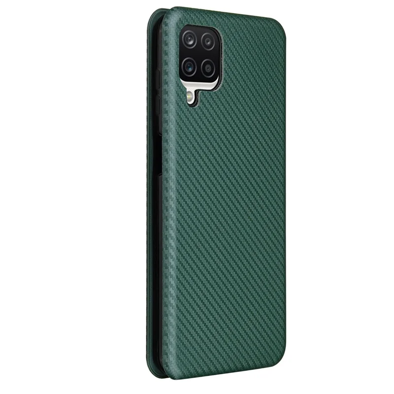 Auto-absorbed Carbon Fiber Leather Case with Card Holder and Ring Strap for Samsung Galaxy A12/M12 - Green