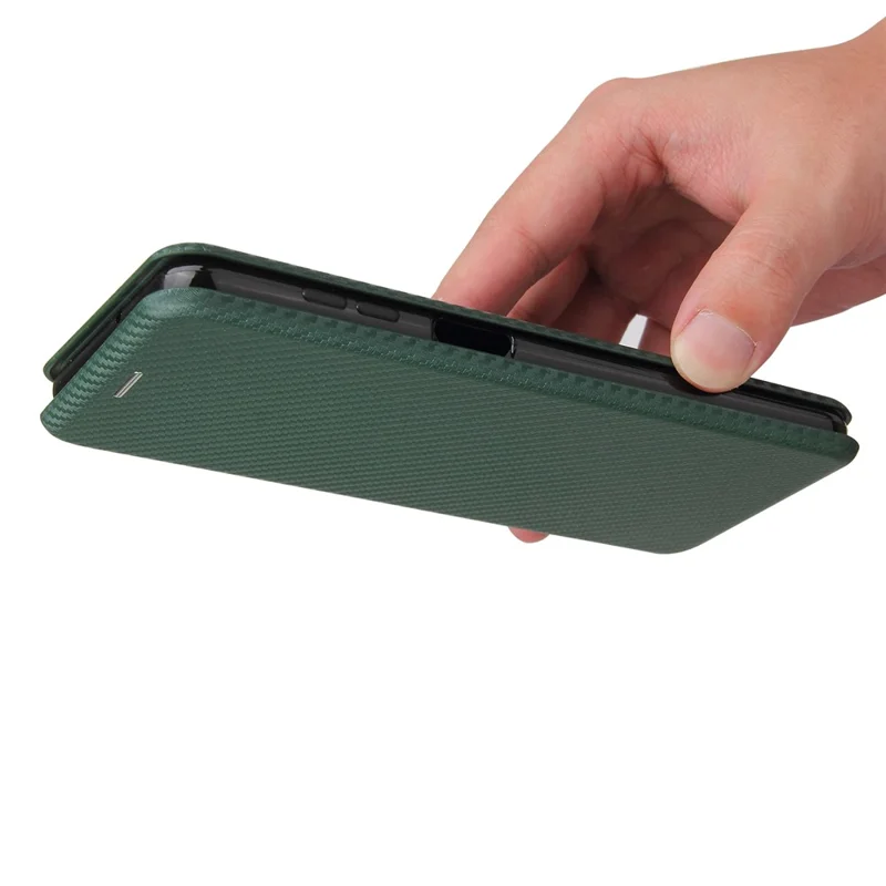 Auto-absorbed Carbon Fiber Leather Case with Card Holder and Ring Strap for Samsung Galaxy A12/M12 - Green