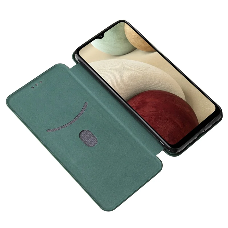 Auto-absorbed Carbon Fiber Leather Case with Card Holder and Ring Strap for Samsung Galaxy A12/M12 - Green