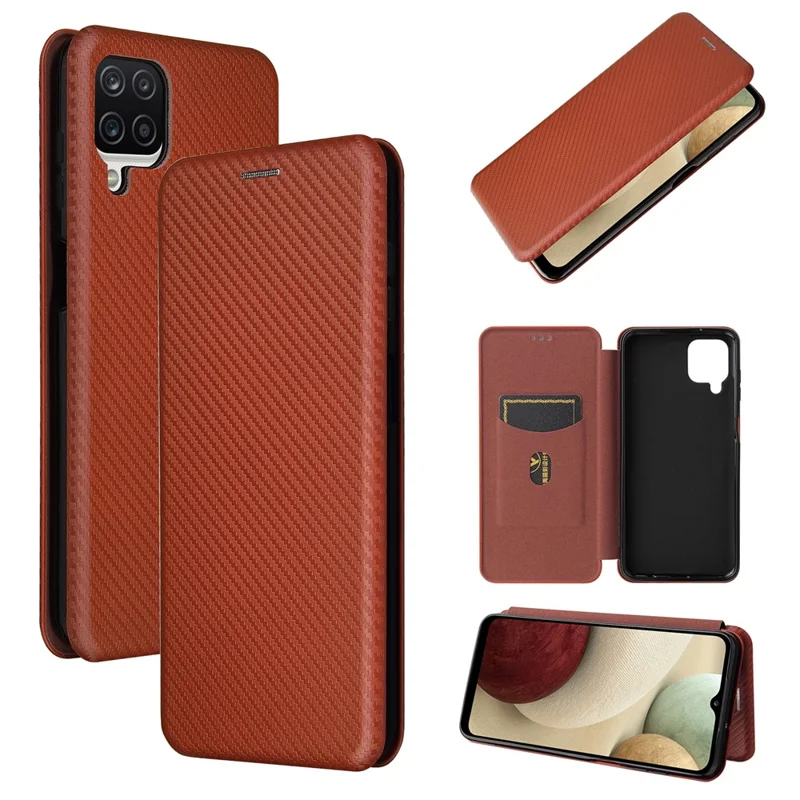 Auto-absorbed Carbon Fiber Leather Case with Card Holder and Ring Strap for Samsung Galaxy A12/M12 - Brown