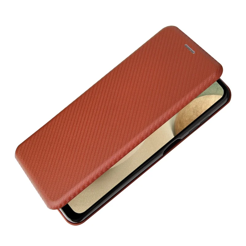 Auto-absorbed Carbon Fiber Leather Case with Card Holder and Ring Strap for Samsung Galaxy A12/M12 - Brown