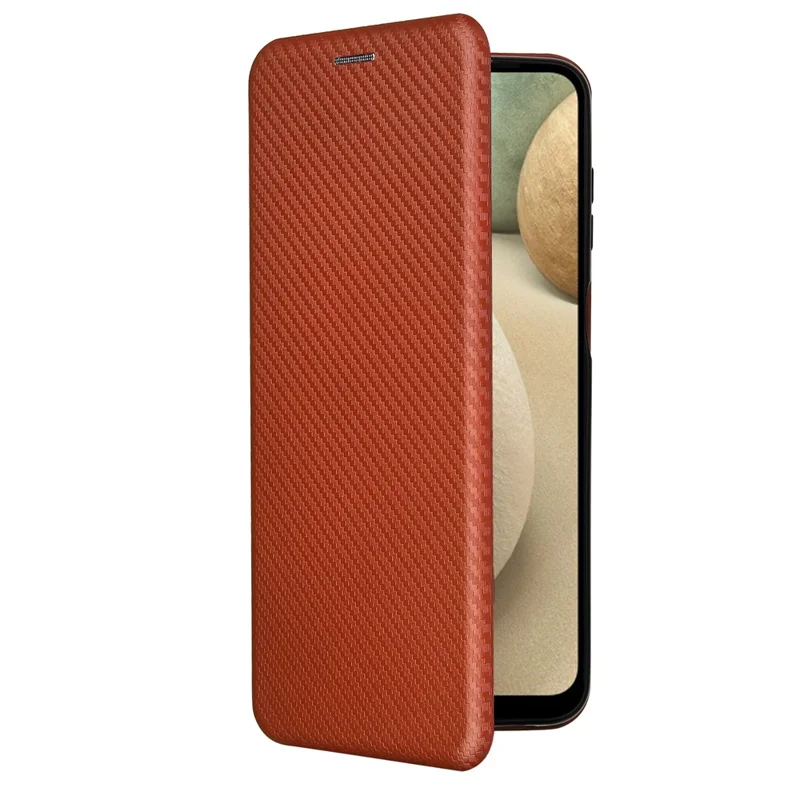 Auto-absorbed Carbon Fiber Leather Case with Card Holder and Ring Strap for Samsung Galaxy A12/M12 - Brown
